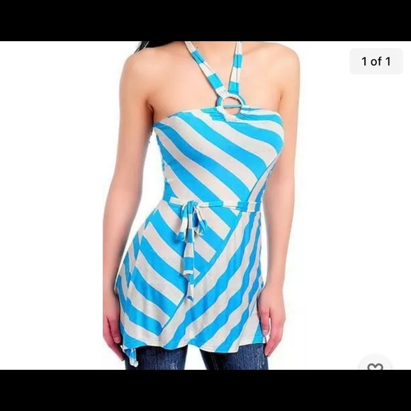 Blue Oatmeal Striped O-ring halter tunic New L - Picture 4 of 5